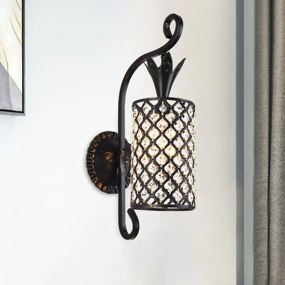 Minimalist black wrought iron wall sconce with pineapple top and crystal diamond shade for 110v-120v or 220v-240v use