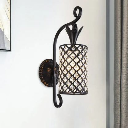Minimalist black wrought iron wall sconce with pineapple top and crystal diamond shade for 110v-120v or 220v-240v use