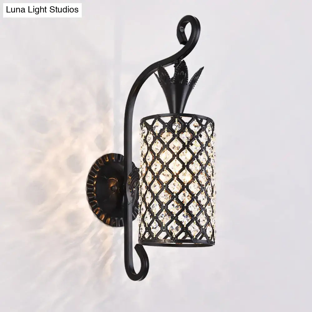 Minimalist black wrought iron crystal square sconce with pineapple top and clear diamonds for 110v-120v or 220v-240v use
