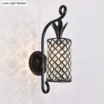 Minimalist black wrought iron crystal square sconce with pineapple top and clear diamonds for 110v-120v or 220v-240v use