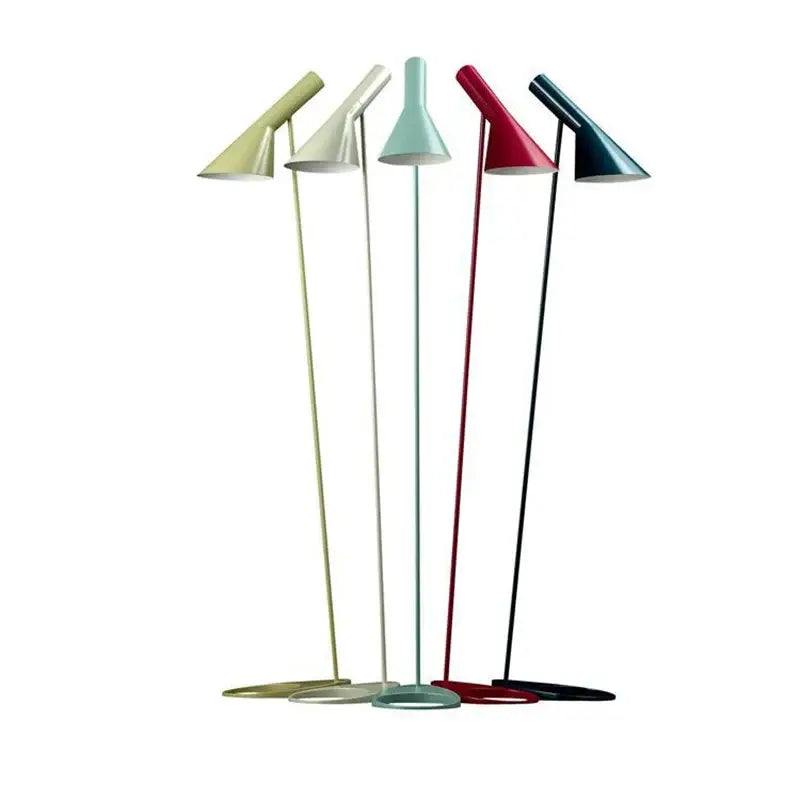 Five modern floor lamps with sleek metal stems and conical shades in pastel colors from decorbites adjustable led floor lamp collection