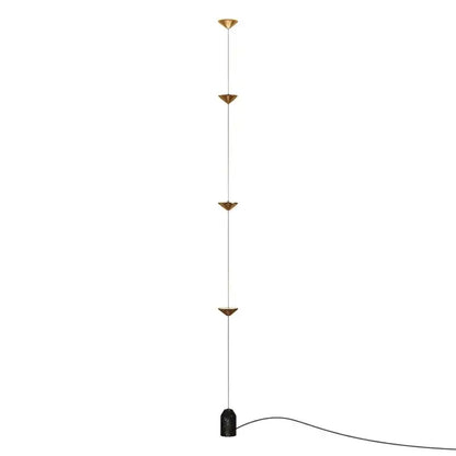 Minimalist black decorbites cone design floor lamp with four brass triangular shades and black marble base for living room