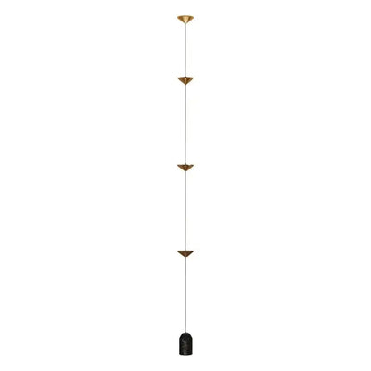 A modern black floor lamp with minimalist decorbites cone design featuring gold-toned triangular cone design art fixtures