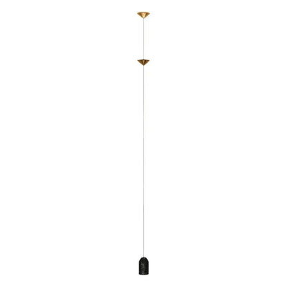 Gold-toned floor lamp with minimalist decorbites cone design featuring two conical fixtures and black textured base