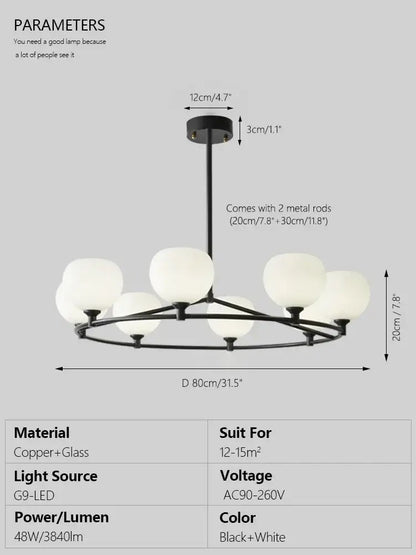 Minimalist black decorbites copper glass chandelier with eight frosted white globe shades for dining room light