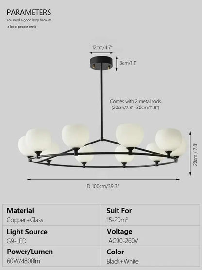 Minimalist black decorbites copper glass chandelier with white frosted globe shades for dining room lighting