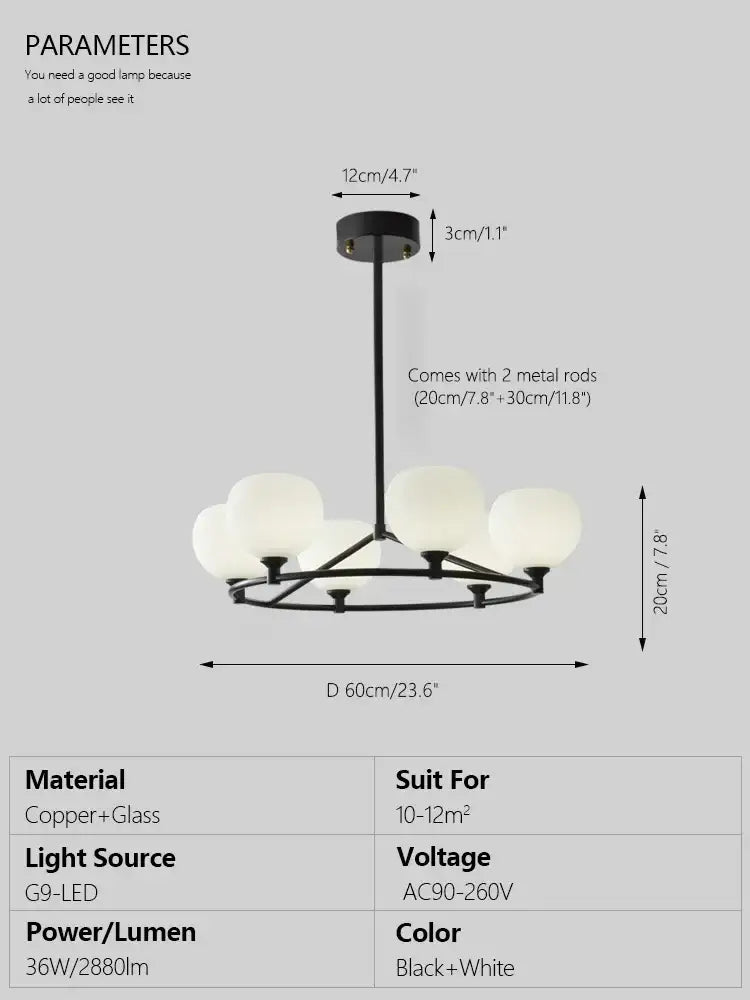 Black metal decorbites copper glass chandelier with six frosted globe shades for minimalist dining room lighting