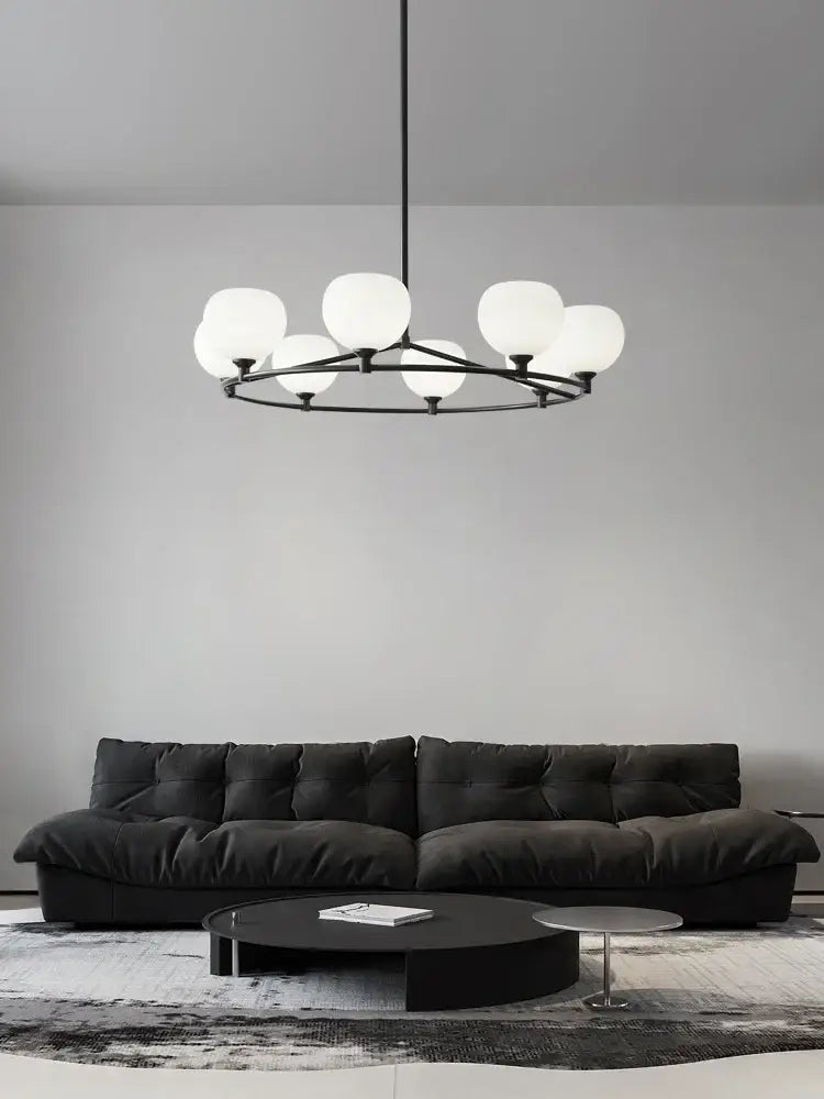 Minimalist black decorbites copper glass chandelier with eight frosted globe lights for dining room lighting