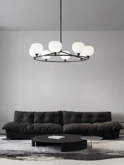 Minimalist black decorbites copper glass chandelier with eight frosted globe lights for dining room lighting