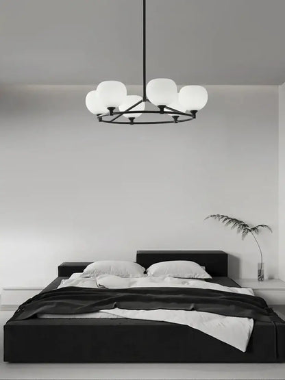 Minimalist black decorbites copper glass chandelier with six frosted globe lights for dining room lighting