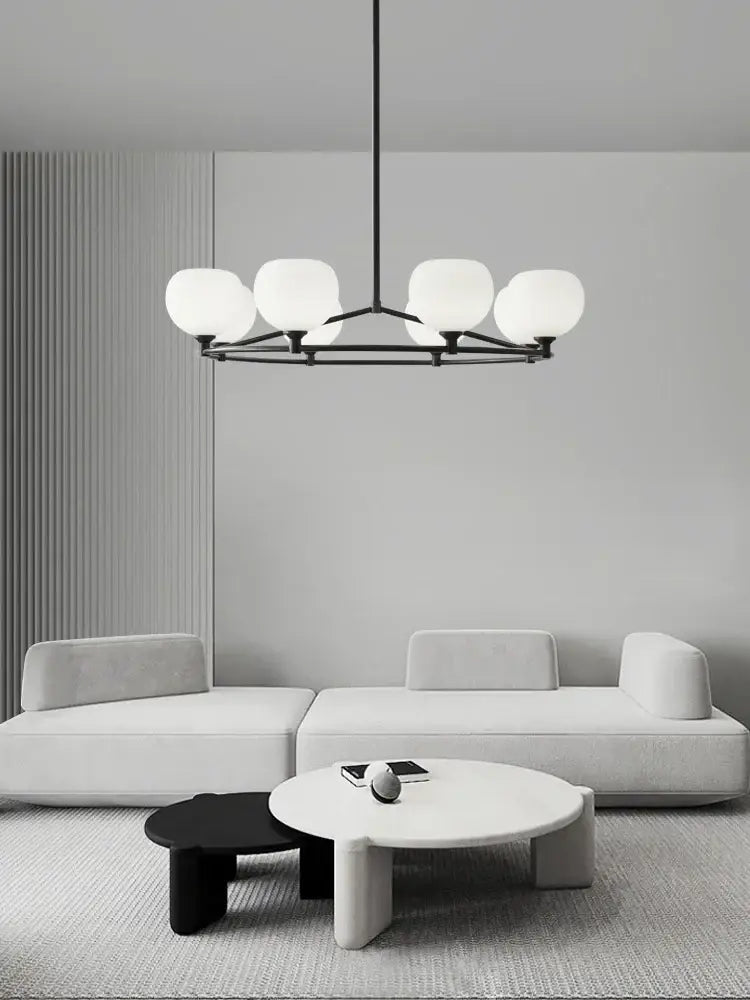 Modern black metal decorbites copper glass chandelier with five frosted globes for minimalist dining room lighting