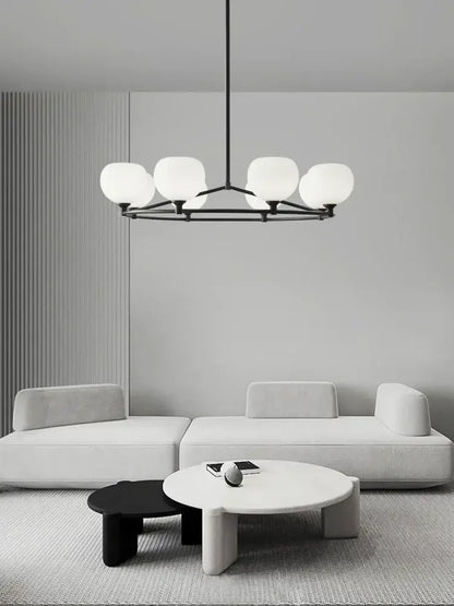 Modern black metal decorbites copper glass chandelier with five frosted globes for minimalist dining room lighting