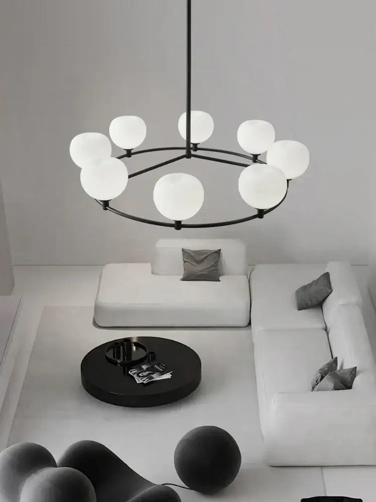 Modern black metal decorbites copper glass chandelier with frosted globe lights for minimalist dining room decor