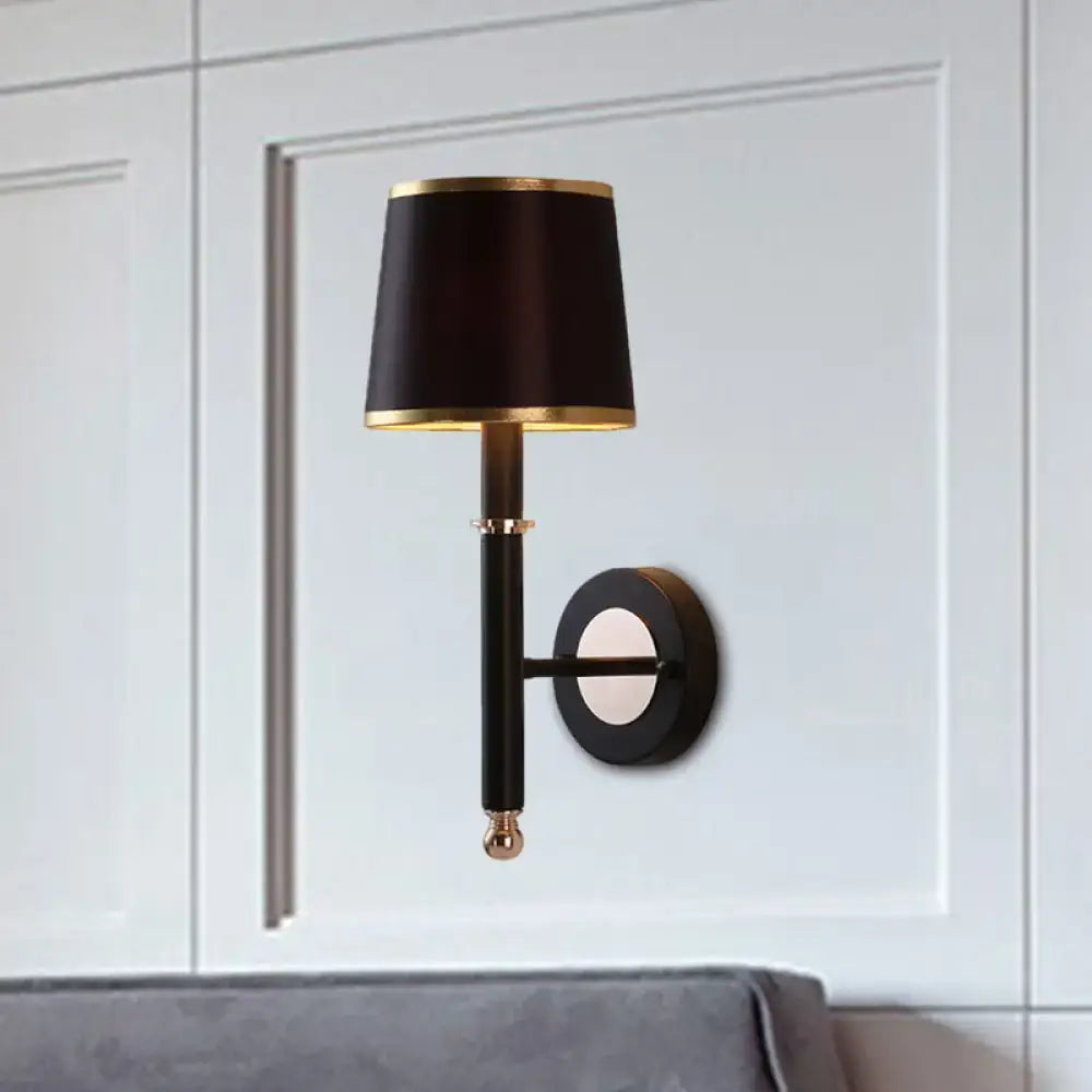 Minimalist black flaxen sconce light with black drum lampshade and gold trim for 110v-120v 220v-240v bedroom use