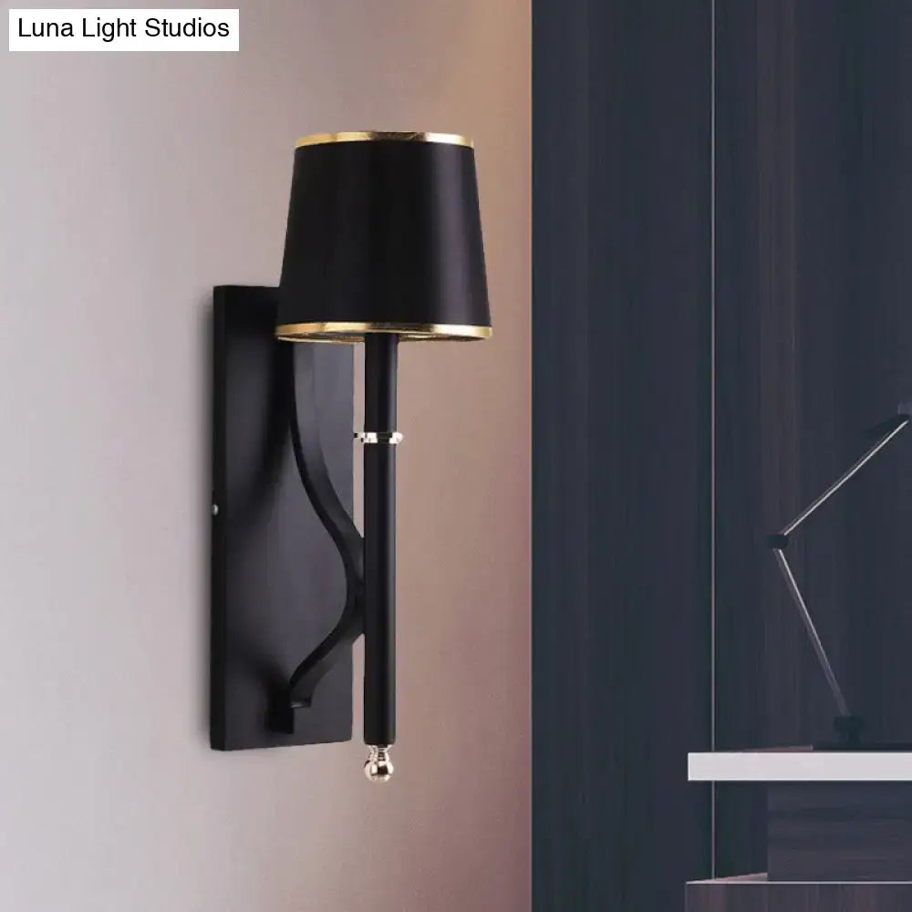 Minimalist black flaxen sconce light with gold-trimmed lampshade and curved metal arms for 110v-120v 220v-240v use