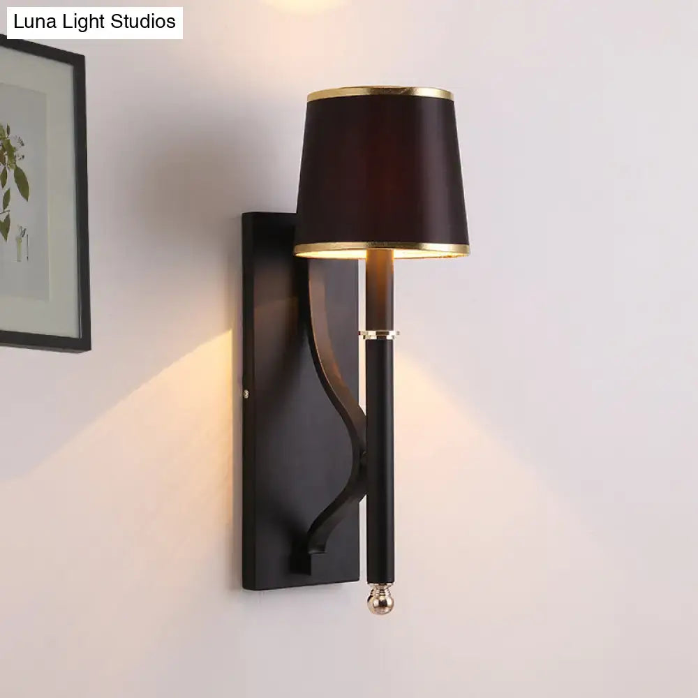 Minimalist black flaxen sconce light with dark brown fabric shade and gold accents for 110v-120v 220v-240v use