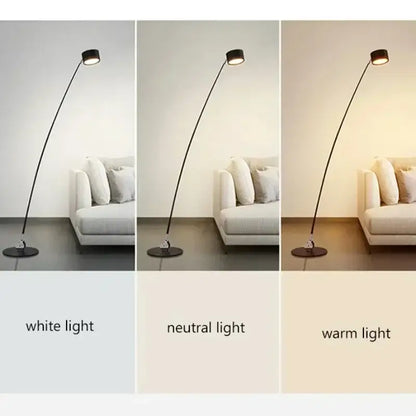Minimalist black floor lamp with curved LED arms and adjustable light head for modern living room decor by decorbites