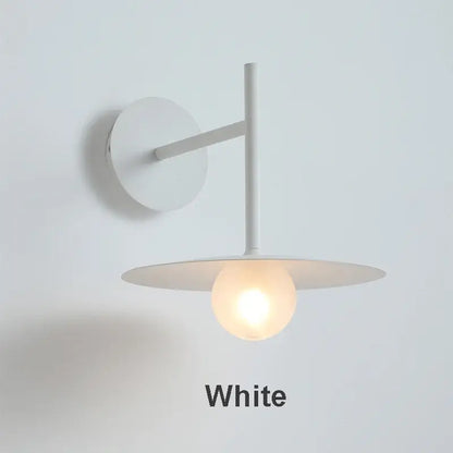 White minimalist wall lamp with sleek flying saucer design featuring circular base and illuminated globe bulb for decorbites flying saucer