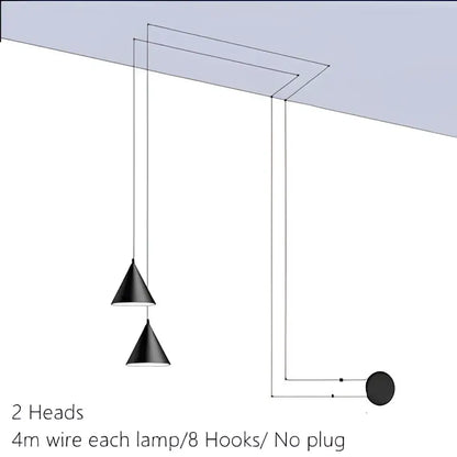 Minimalist black conical pendant light with decorbites geometric led design suspended by 4 meter wires for living room