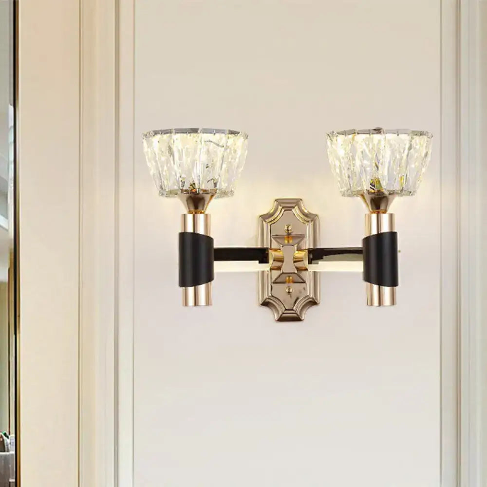 Elegant minimalist black and gold crystal wall sconce with two brushed brass e26 e27 bulb base lights for bedroom use