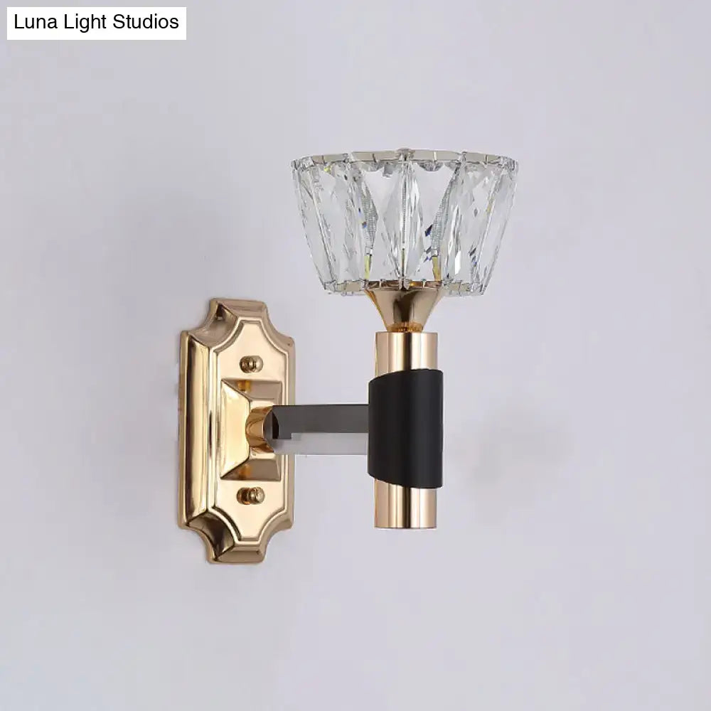 Minimalist black and gold wall sconce with faceted crystal shade and black accent band for e26 e27 bulb base