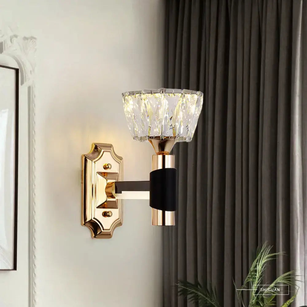 Minimalist black and gold wall sconce with faceted crystal shade and black accent band for e26 e27 bulb base lighting