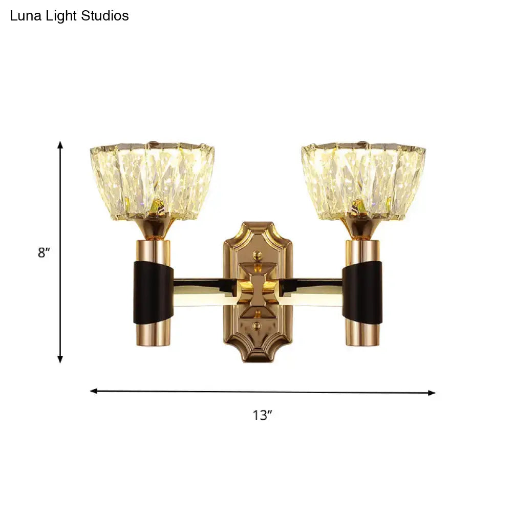 Gold-toned minimalist black and gold crystal wall sconce with two glass shades and e26 e27 bulb base accents