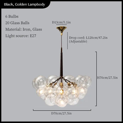 Minimalist black and gold iron chandelier pendant lights with 20 clear decorbites glass balls for living room decor