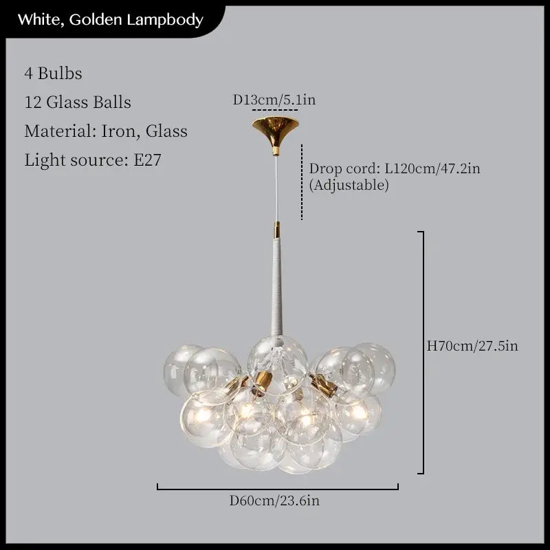 Minimalist black and gold pendant lights with white and golden lampbody and 12 clear glass balls ceiling decorbites glass balls