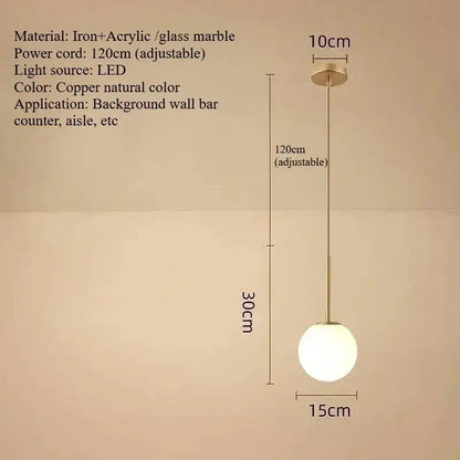 Minimalist black and gold pendant light with led bulb featuring a copper-toned globe and iron-acrylic frame for kitchen use