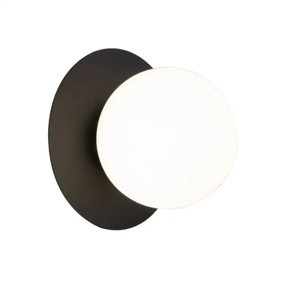 Minimalist black and gold led wall lamp with matte circular base and white glass diffuser for living room use