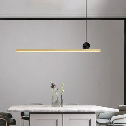 Modern minimalist black and gold linear led ceiling light with a gold finish and sleek black circular fixture for kitchen island