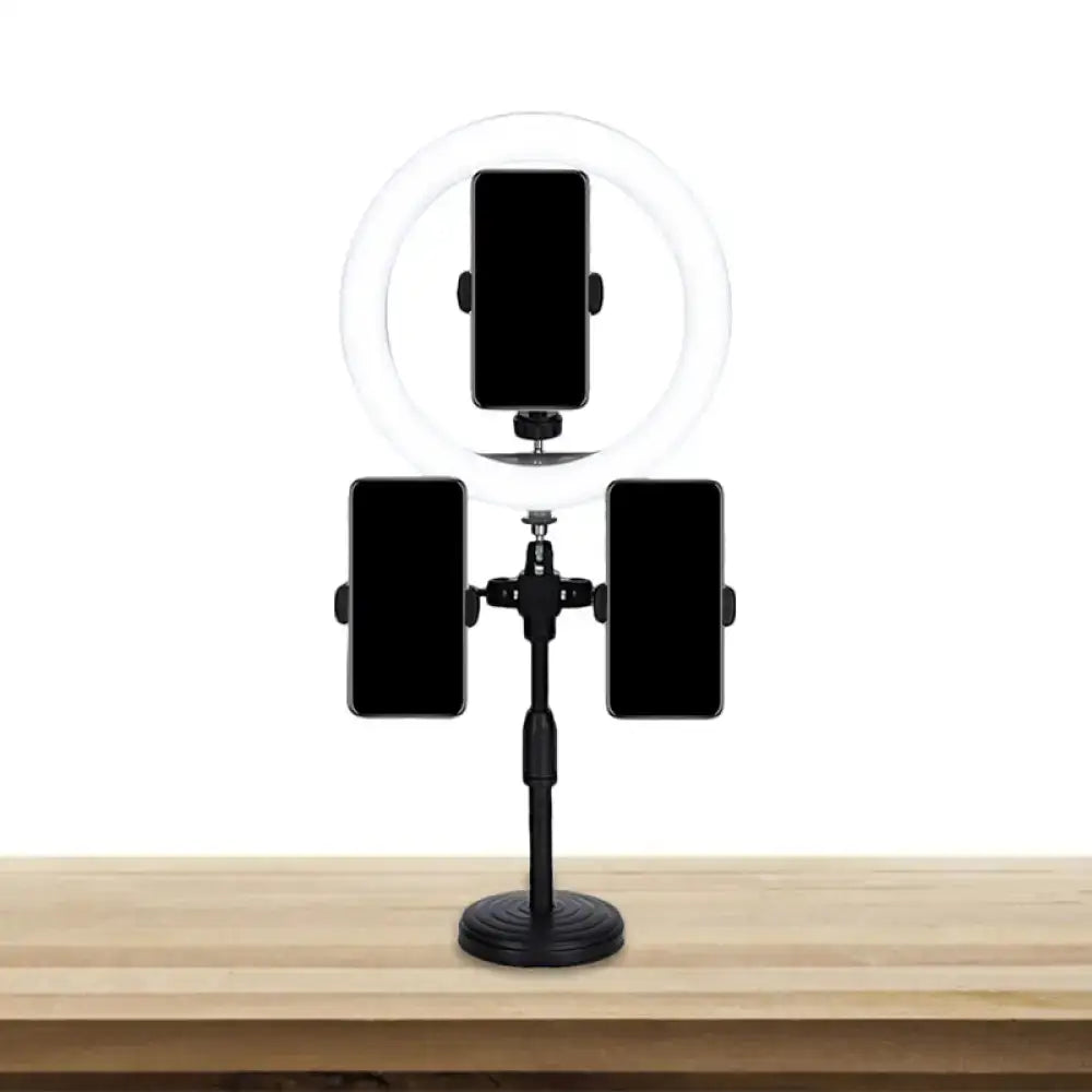 Black led mirror lamp with ring light and three phone holders on adjustable stand for bedroom use