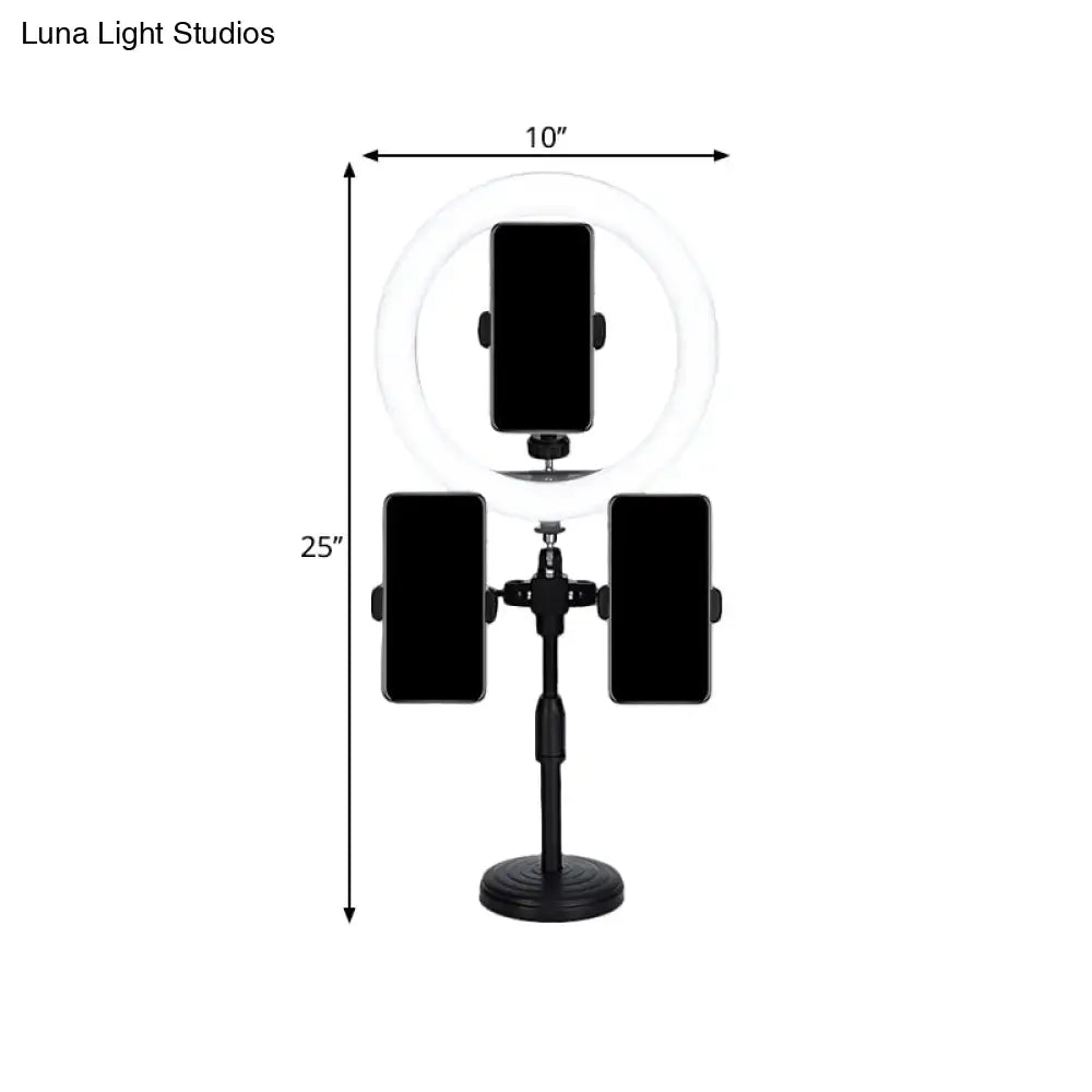 Minimalist black led mirror lamp with three phone holders and telescoping stand for bedroom vlogging setups