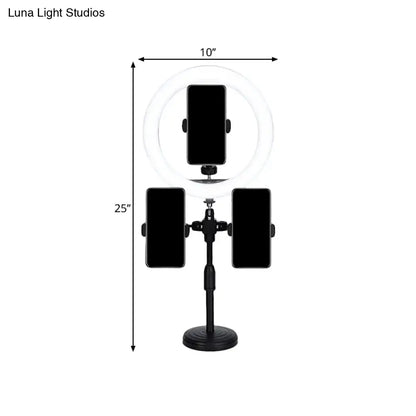 Minimalist black led mirror lamp with three phone holders and telescoping stand for bedroom vlogging setups