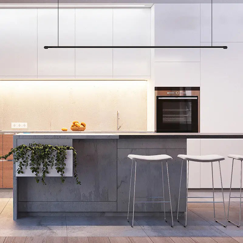 Modern black led pendant lamp with linear design and 220v-240v suspended above minimalist kitchen island