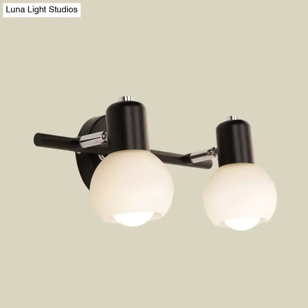 Minimalist black linear design wall lamp with chrome two-light fixture and opal glass globe shades for study room lighting