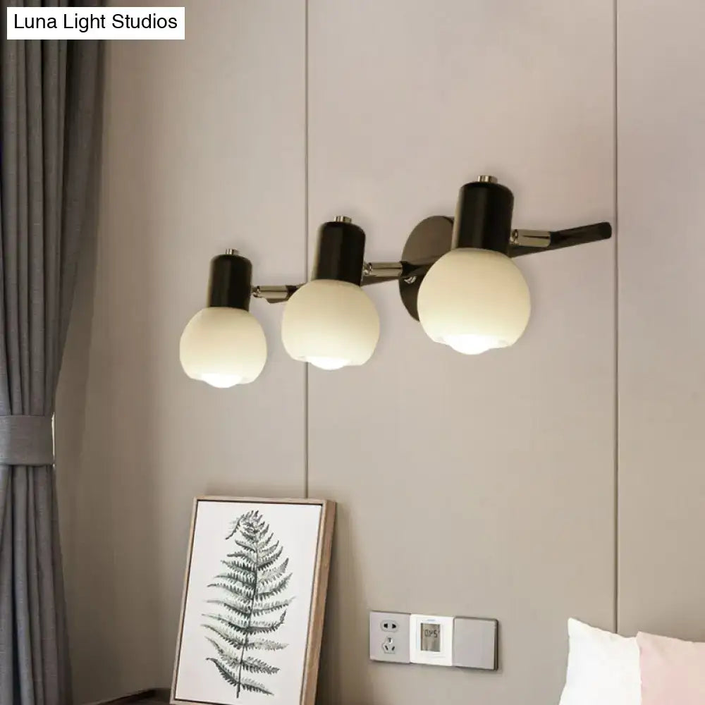 Minimalist black linear design wall lamp with opal glass and three adjustable spherical arms for study room lighting
