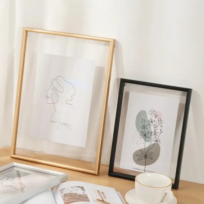 Minimalist black mademoiselle hangable picture frame with gold-framed line art portrait and love you text for bedroom art