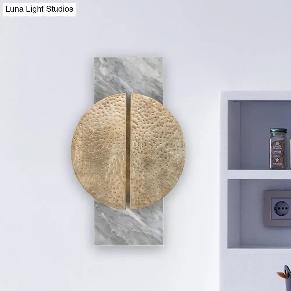 Minimalist black marble wall lamp with gold-toned hammered metal circle design for living space 110v-120v 220v-240v use