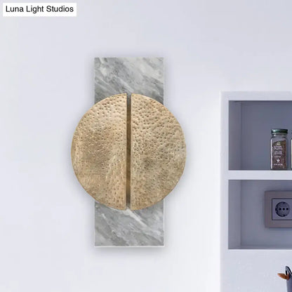 Minimalist black marble wall lamp with gold-toned hammered metal circle design for living space 110v-120v 220v-240v use