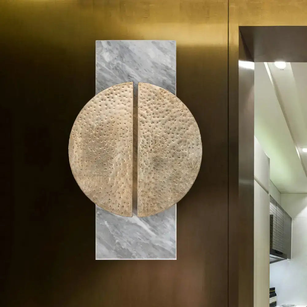 Beige textured circular wall lamp mounted on gray marble panel for living space led 110v-120v 220v-240v sconce