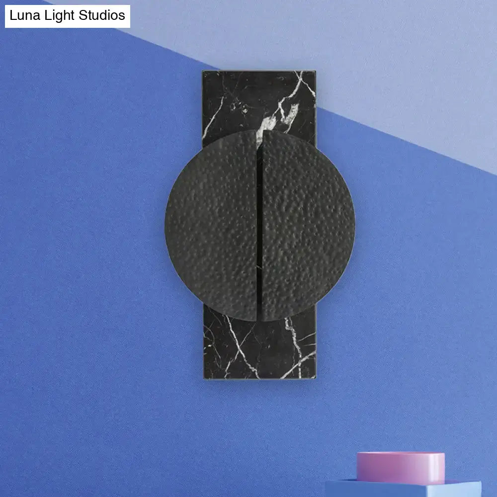 Minimalist black marble wall lamp with circular textured metal disc for living space 110v-120v 220v-240v use
