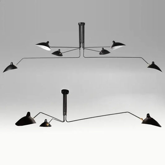 Minimalist black metal pendant light with articulated arms and conical shades for dining table use