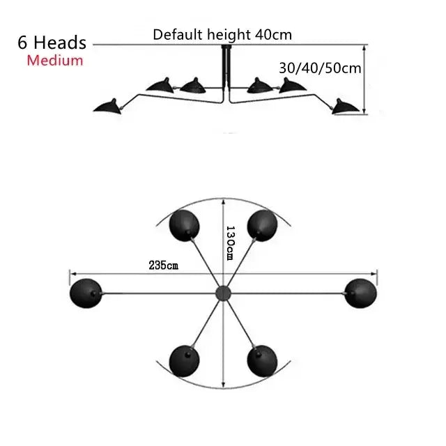 Black six-head pendant light with adjustable metal arms and spherical fixtures for dining table metal finish