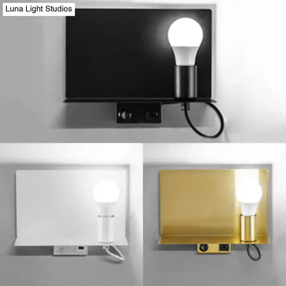 Minimalist black metal wall light with metal supporter features a sleek rectangular backplate and cylindrical holder for led bulbs