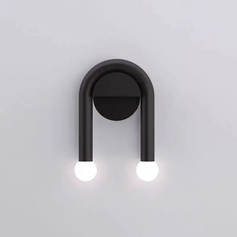 Minimalist black modern wall lamp with u-shaped curved sconce and two glowing spherical bulbs for bedroom decorbites black modern wall