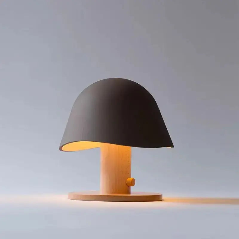 Minimalist black mushroom glass table lamp with warm wooden base and stem for bedroom or living room decorbites glass table