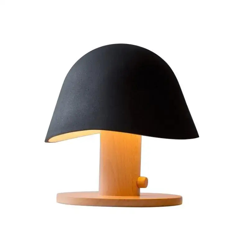 Minimalist black mushroom glass table lamp with warm wooden base and stem for bedroom and living room decorbites glass table