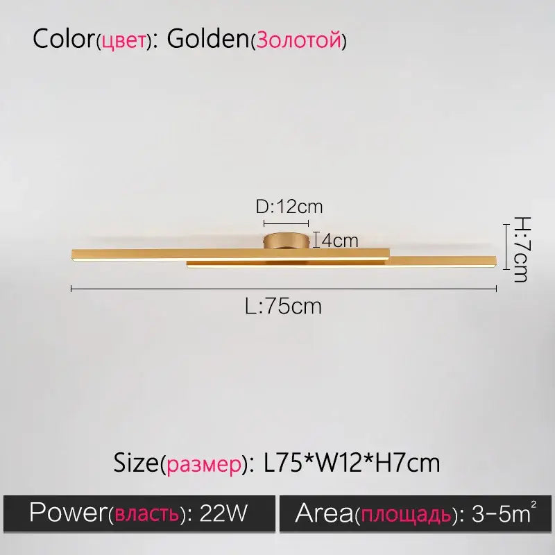 Golden minimalist nordic ceiling light with sleek linear metallic design for living room illumination